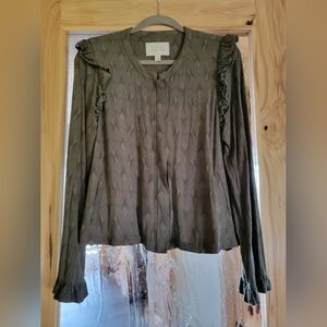 Hinge Olive Textured Blouse with Ruffles Hidden Zipper Closure